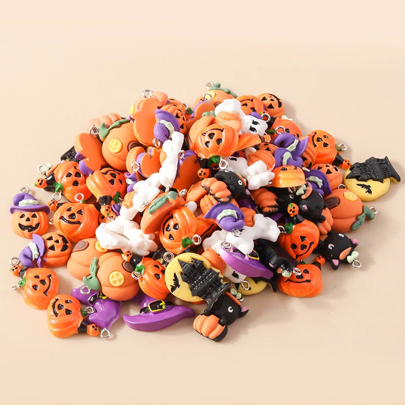 Leslie 10Pcs New Resin Halloween Charms Kawaii Cat Spider Castle Ghost Pumpkin Charms Pendants Decor DIY Earring Jewelry Making