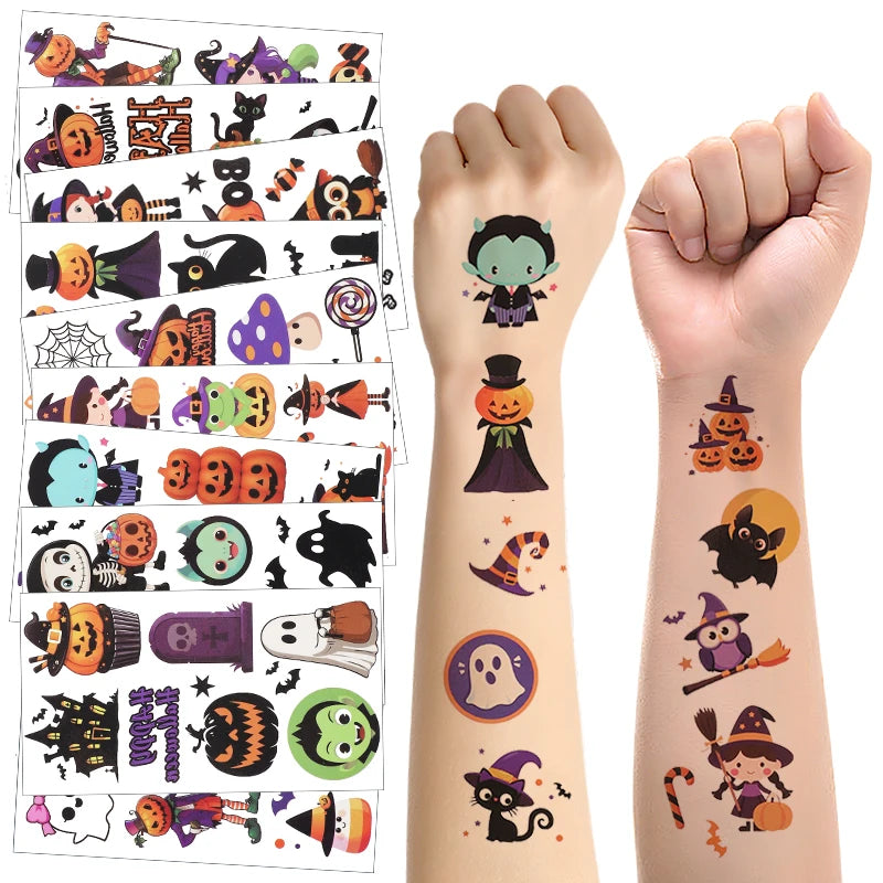 10Pcs Halloween Cartoon Tattoo Stickers Pumpkin Ghost Bat Spider Temporary Sticker Kids Birthday Party Favors Boy Girl Gifts