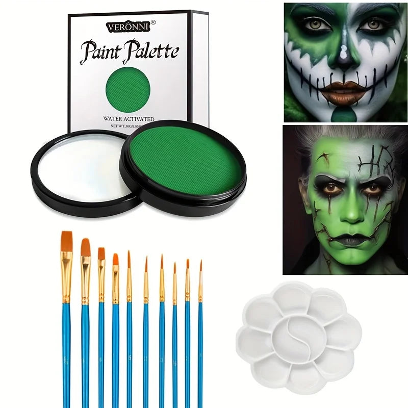 30g Water-Activated Body Makeup Face Paint Set 3-Piece with Brushes Mixing Palette for Halloween Christmas Costume Party Cosplay