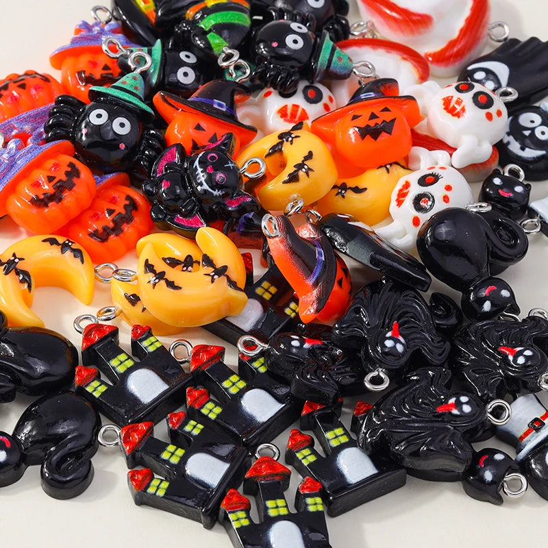 Leslie 10Pcs New Resin Halloween Charms Kawaii Cat Spider Castle Ghost Pumpkin Charms Pendants Decor DIY Earring Jewelry Making