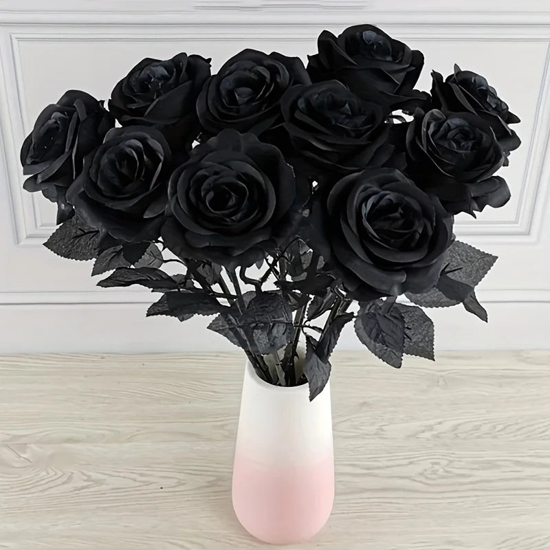Artificial Black Roses Fake Flowers, Long Stem, with No Container, for Halloween, Home Decor, Wedding Party, Tabletop