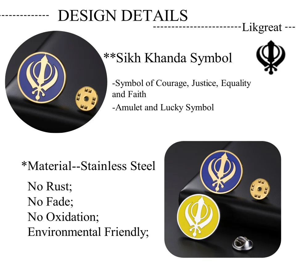 LIKGREAT Sikh Khanda Brooch Religious Spiritual Enamel Pin Badge Stainless Steel Jewelry Amulet Gift for Men Women Accessory