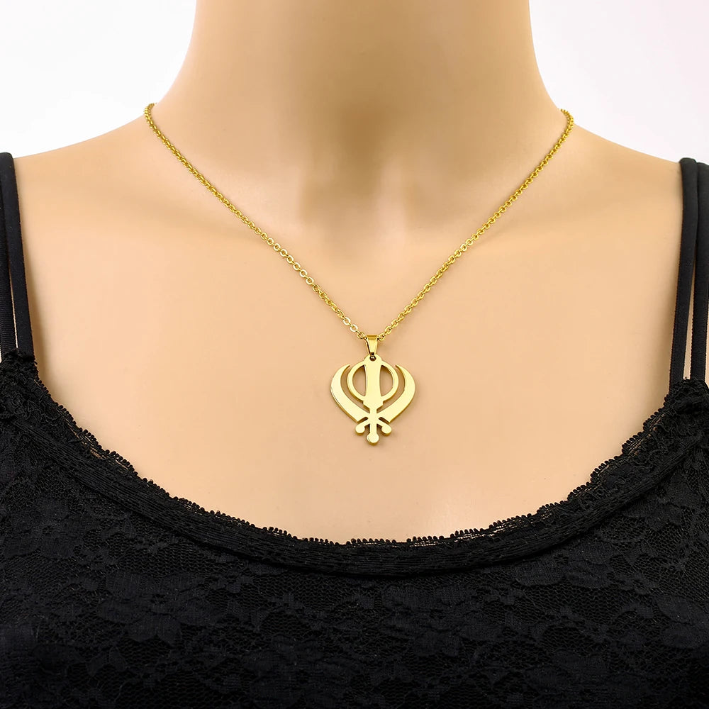 SONYA Stainless Steel Sikh Symbol Pendant Necklace for Men Women Unisex Ethnic Boho Couple Jewelry Tribal Gift Accessory