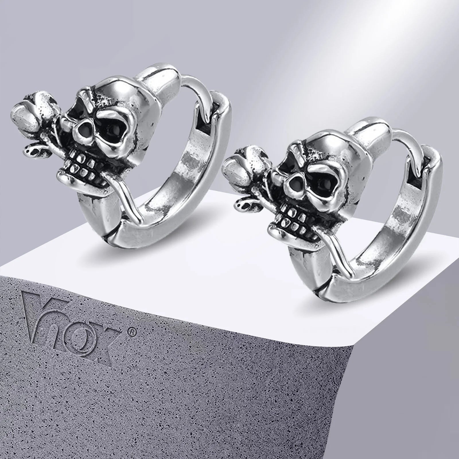 Vnox Gothic Skull Skeleton Huggie Hoop Earrings for Men Boys, Rock Punk Stainless Steel Cocktail Party Halloween Gift Jewelry