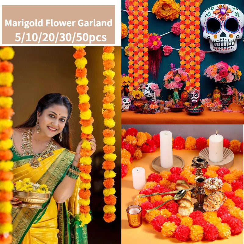 5-50pcs Marigold Flower Garlands Artificial Flower Garland for Indian Décor,Pooja, Diwali, Fiesta Day of The Dead, Mexican Party