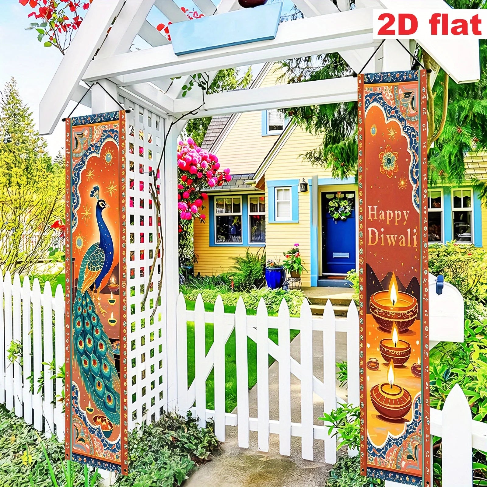 Indian Diwali Theme Decoration Welcome Door Couplets, Peacock, and Oil Lamp Decoration Design