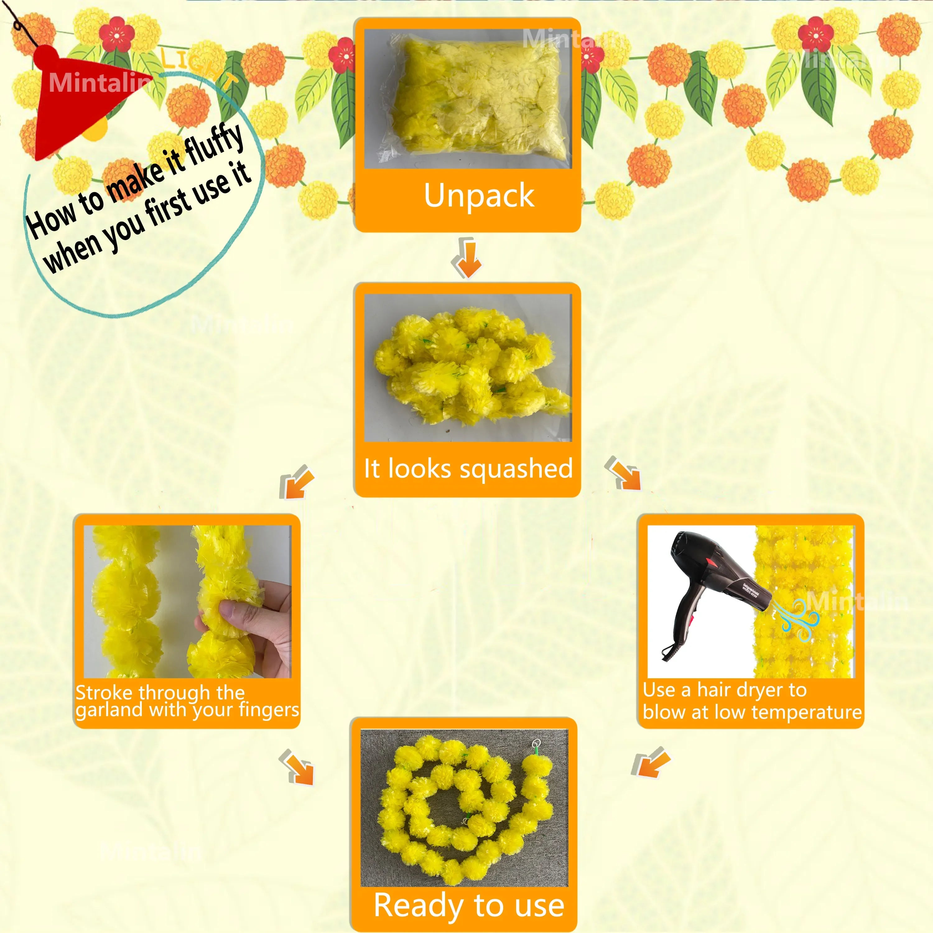 2 Pcs Marigold Flower Garland with бо Flowers for Diwali