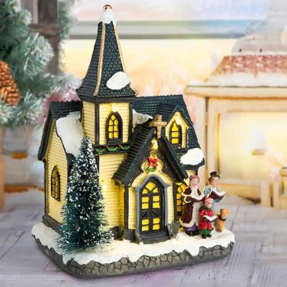 Christmas Church Snow Village House LED Lights Choir Figurines Collectible Building Indoor Holiday Decoration for Home Fireplace