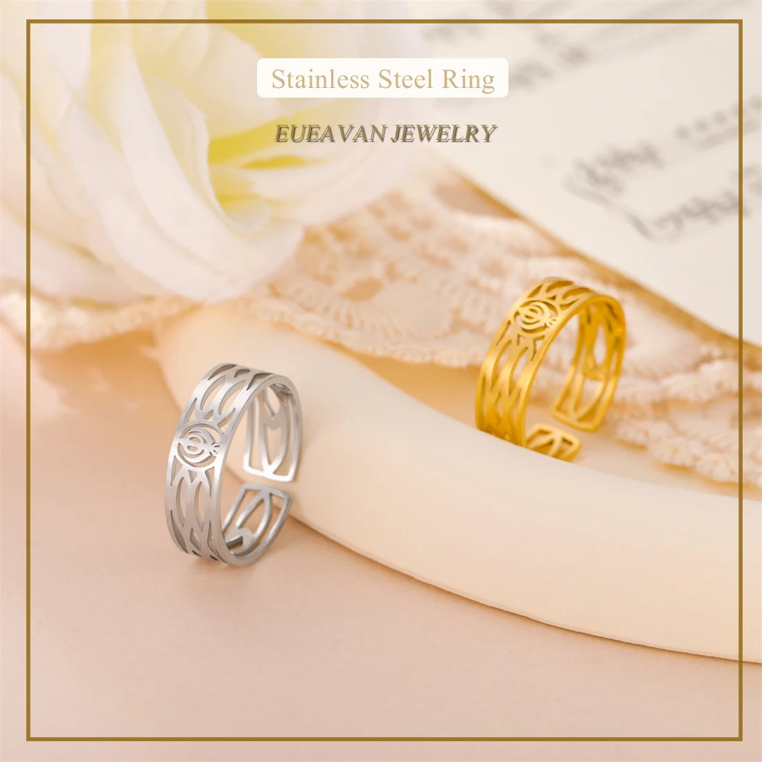 EUEAVAN Fashion Sikhism Symbol Rings For Women Men Stainless Steel Adjustable Classic Sikh Khanda Ring Religious Amulet Jewelry