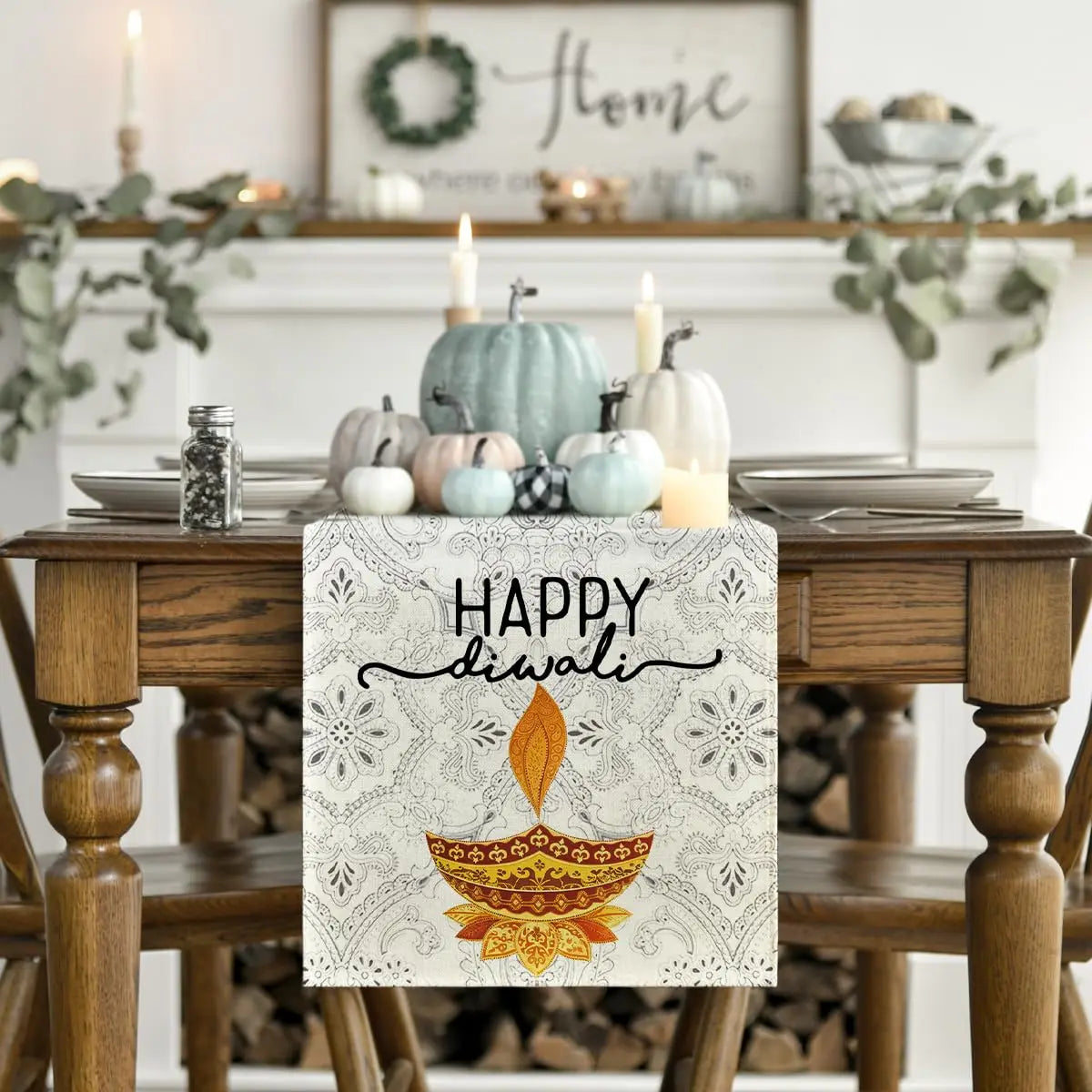 Happy Diwali Table Runner, Festival of Light Marigold  Dining Table Decoration for Home Party Decor