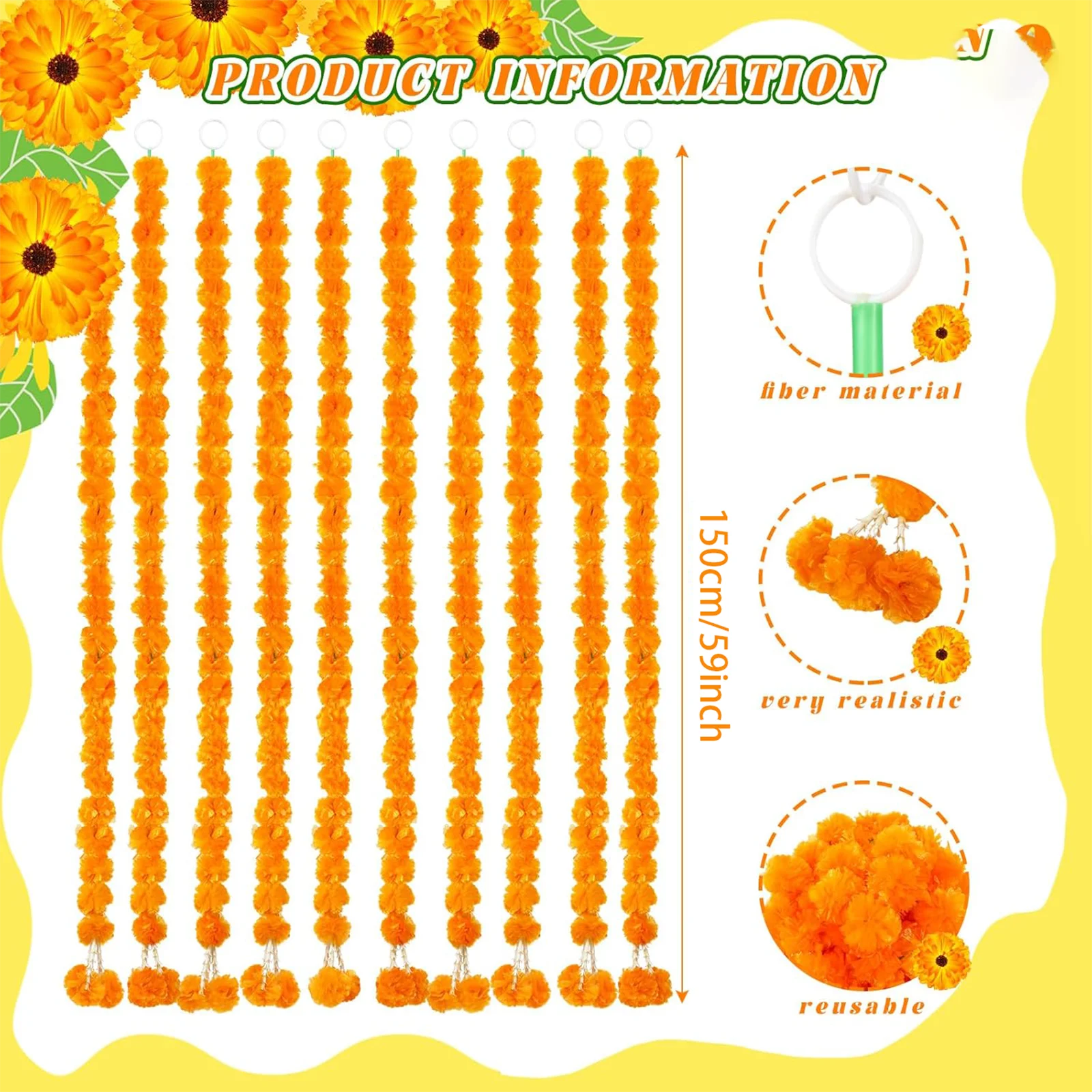 5-50pcs Marigold Flower Garlands Artificial Flower Garland for Indian Décor,Pooja, Diwali, Fiesta Day of The Dead, Mexican Party