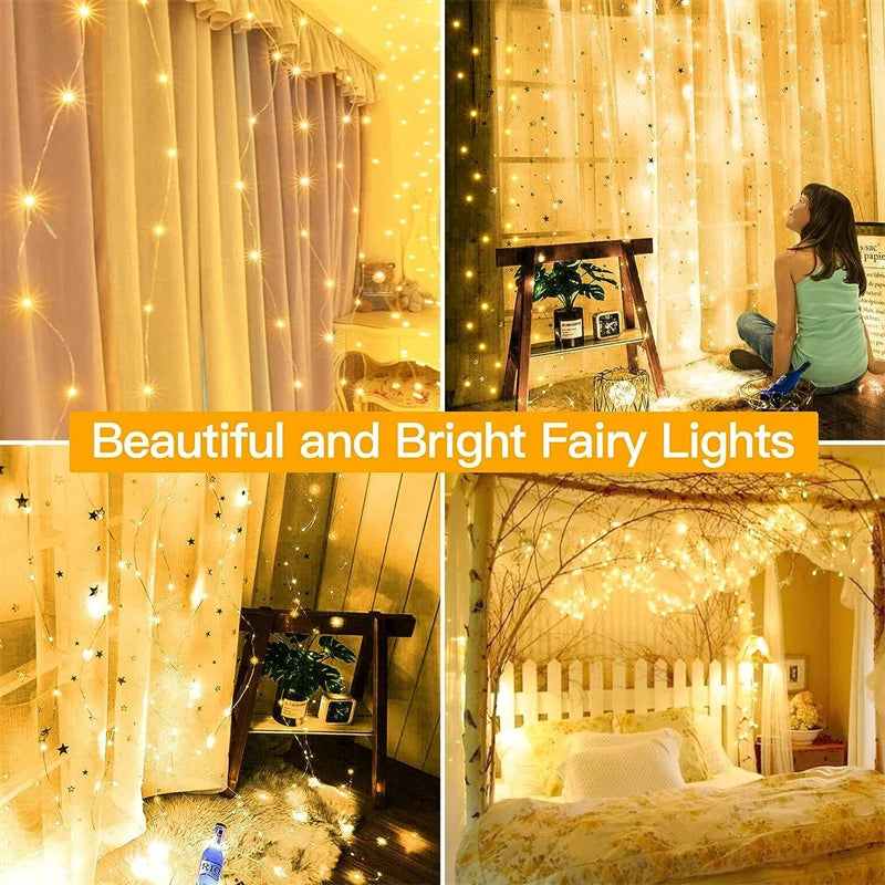Diwali Lights LED Fairy String Curtain Lights 8 Mode Remote USB Festoon Christmas Decor For Home Holiday New Year Lamp