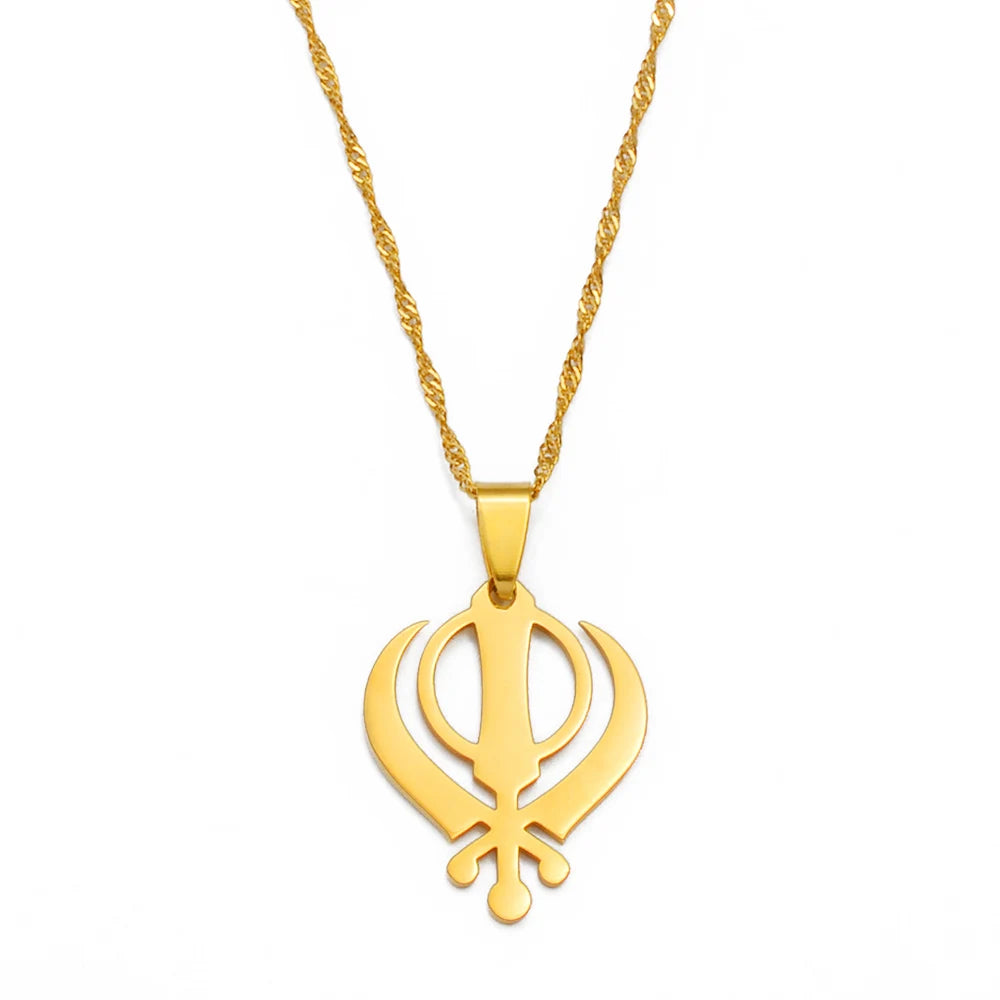 Anniyo Sikhism Necklace Pendant Sikh Khanda Jewelry Black/Gold Color Necklaces India Pakistan Malaysia Punjab Religious @009521
