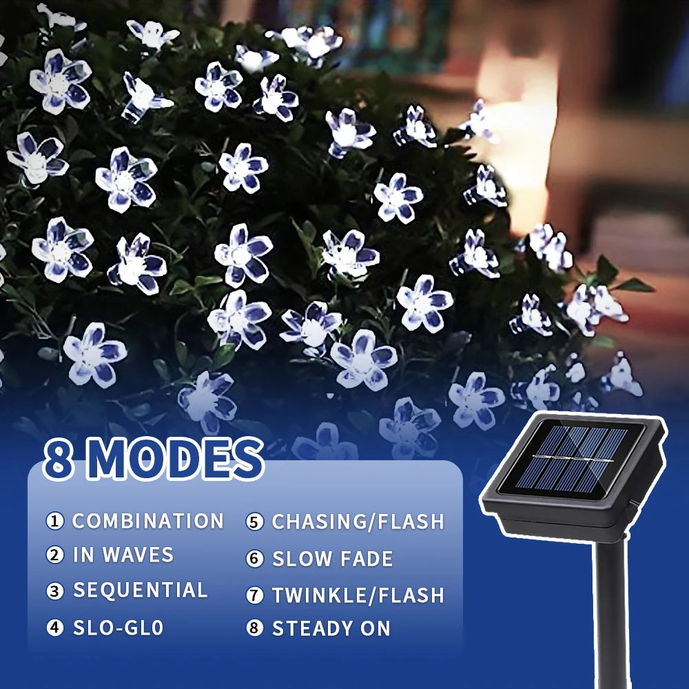 Solar decorative lights, outdoor waterproof 8 modes, cherry blossom lights, Christmas garden party decoration