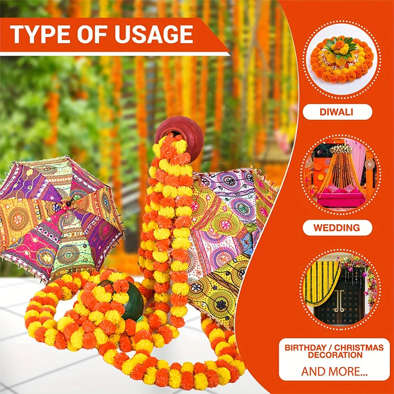 1.5m Marigold Flower Garland Plastic Artificial Flowers Diwali Traditional Festival