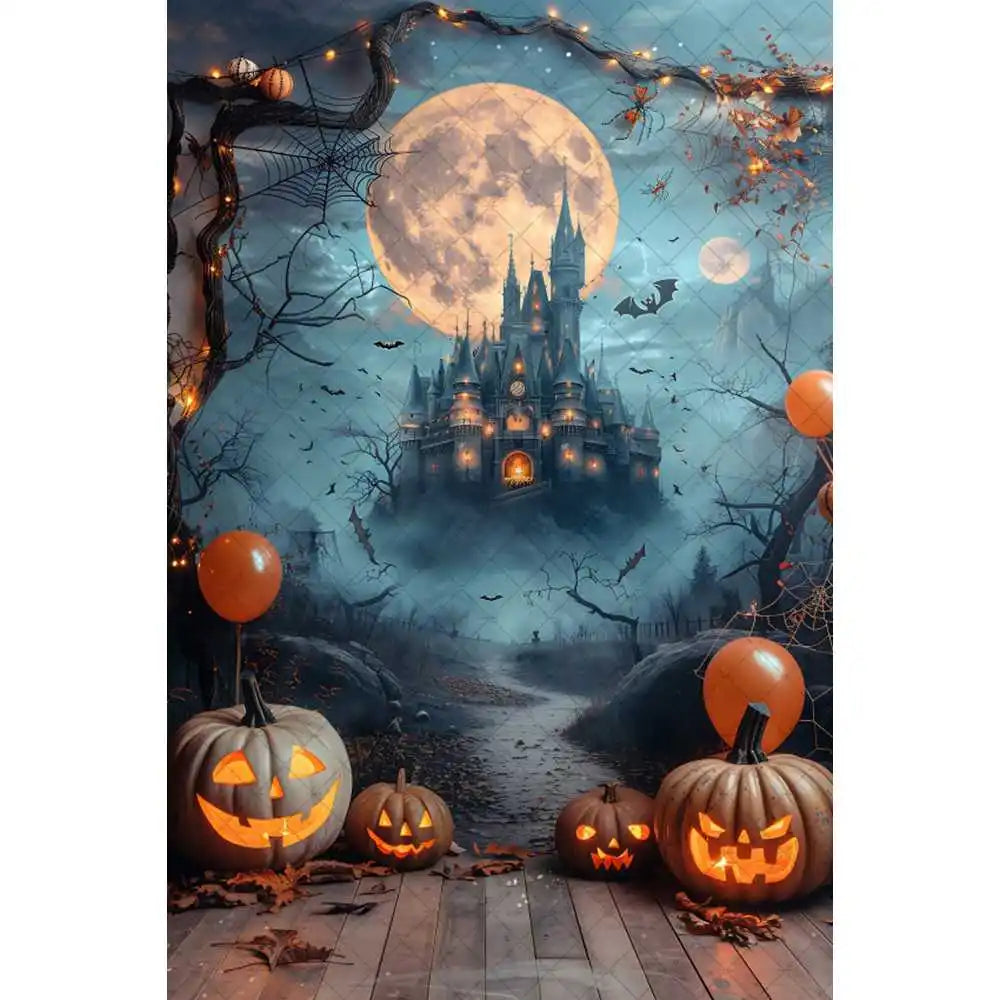 Halloween Night Background Photography Horror Haunted House Pumpkin Lantern Black Stone Road Backdrop Kids Holiday Party Studio