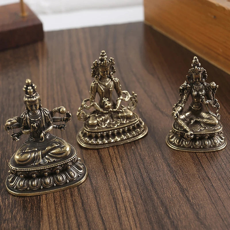 Retro Brass Green Tara God Statue Antique Copper Buddha Statue Home Living Room Office Decoration Figurines