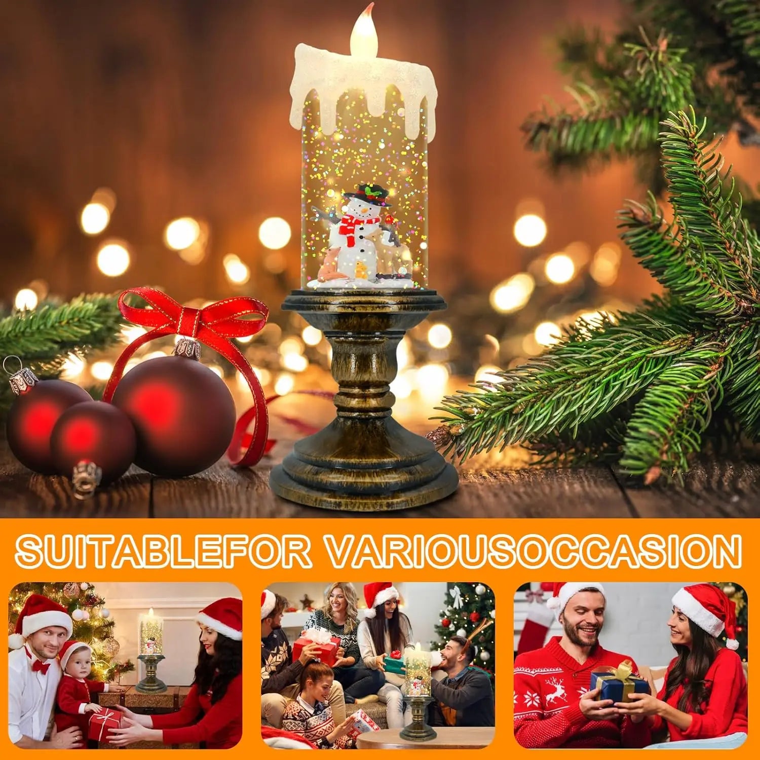 Christmas Decorations Water Filled Candles with Scene Crystal Lights Snowfall Effect Santa Claus Figurine Perfect Holiday Gift