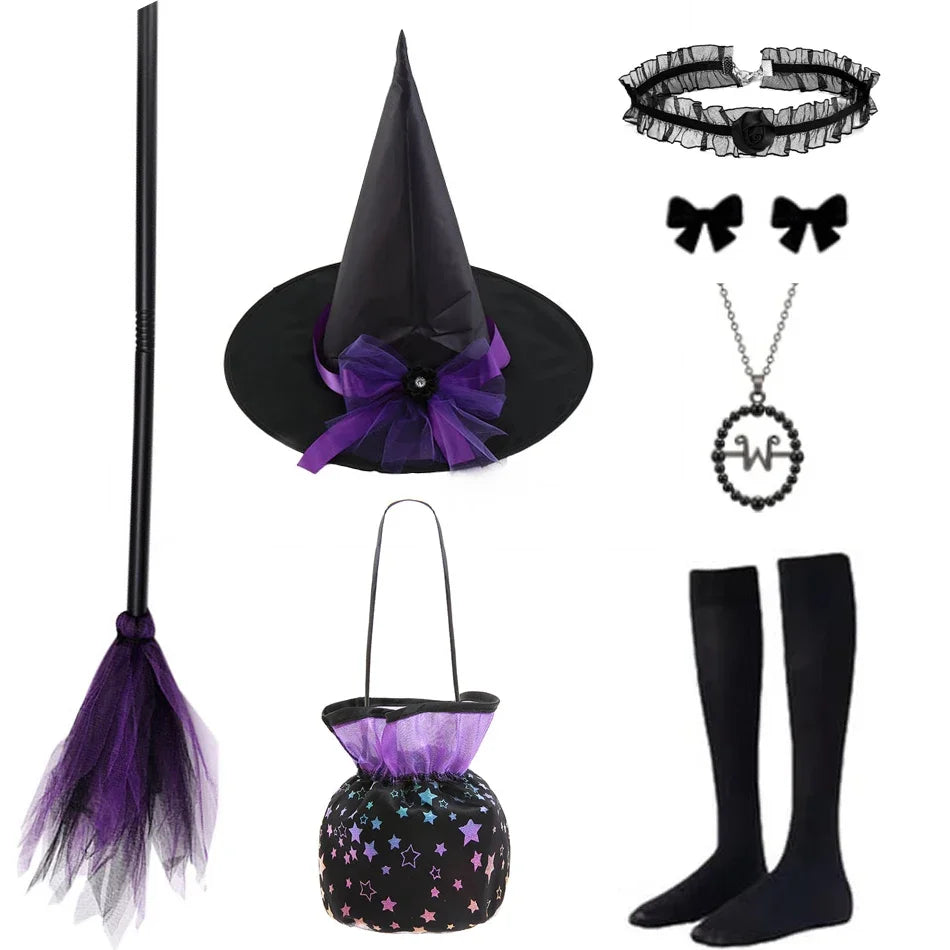 Witch Costume Kids for Girls Ghost Gothic Black Dress for Girl Carnival Party Halloween Princess Clothings