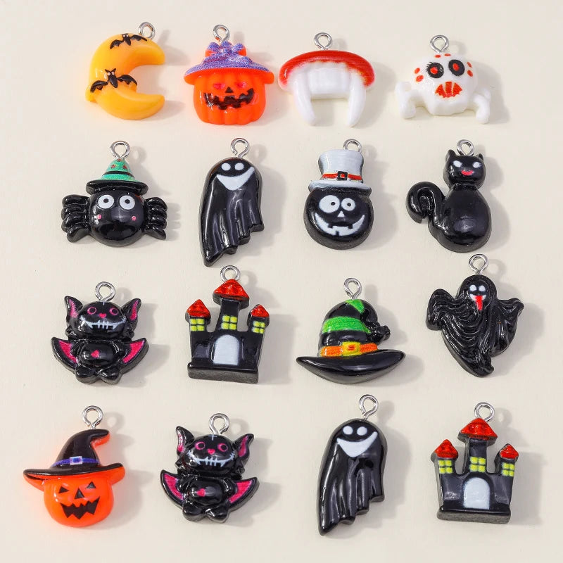 Leslie 10Pcs New Resin Halloween Charms Kawaii Cat Spider Castle Ghost Pumpkin Charms Pendants Decor DIY Earring Jewelry Making