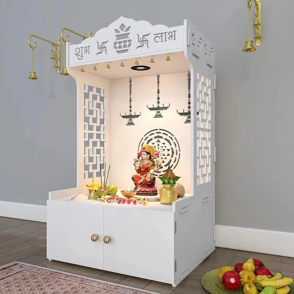 Trading World Wooden Temple Mandir Offers Spacious Built-in Shelf Focusing Lights for Families