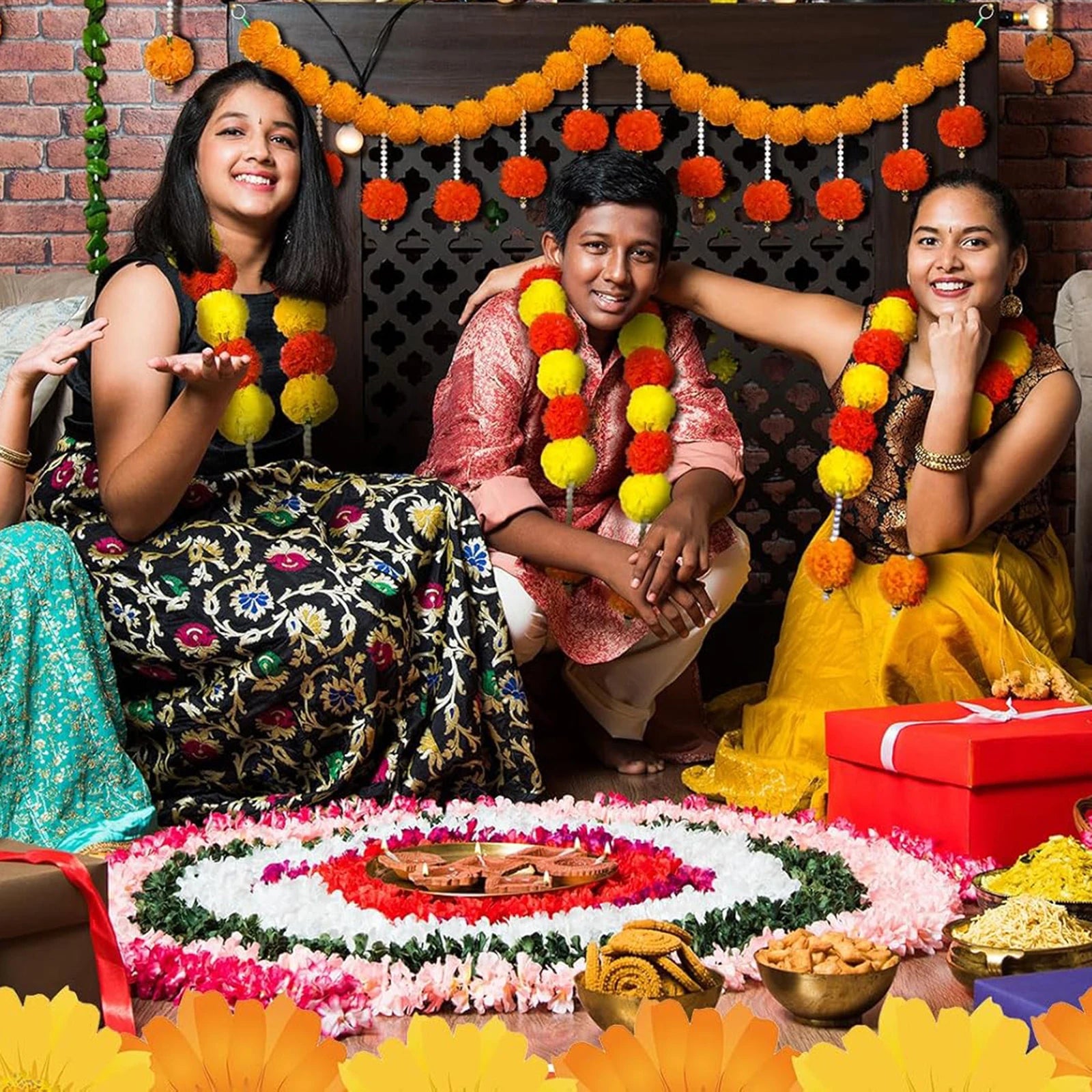 2-10pcs Marigold Flower Garland For Decoration Artificial Flower Garland Pooja, Diwali,Mexican Party ,Day of The Dead Decor