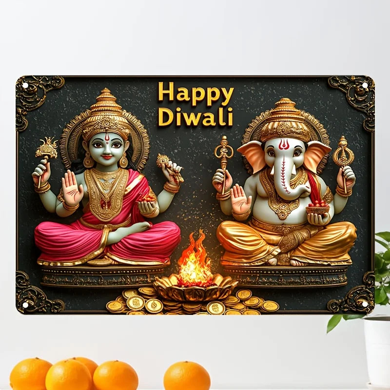 1pc Divine Aluminum Diwali Sign, 2D Lakshmi and Ganesha Figurine, Universal Holiday Decor, Ideal for Home, Bar, Table Decoration