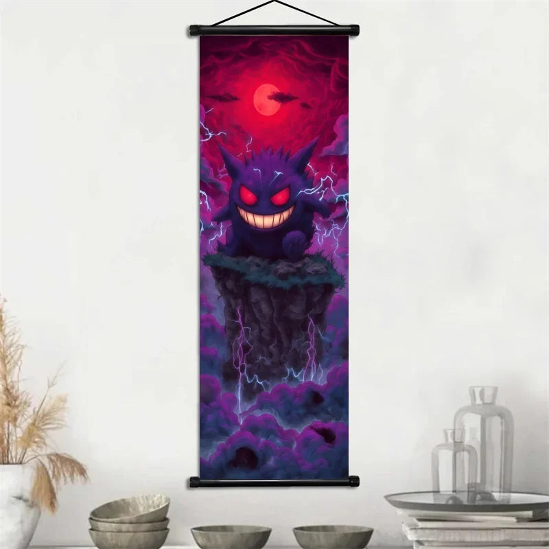 Pokemon Gengar Scroll Art Cloth Anime Characters Wall Hanging Poster Halloween Xmas Decor Fans Collection Home Gifts
