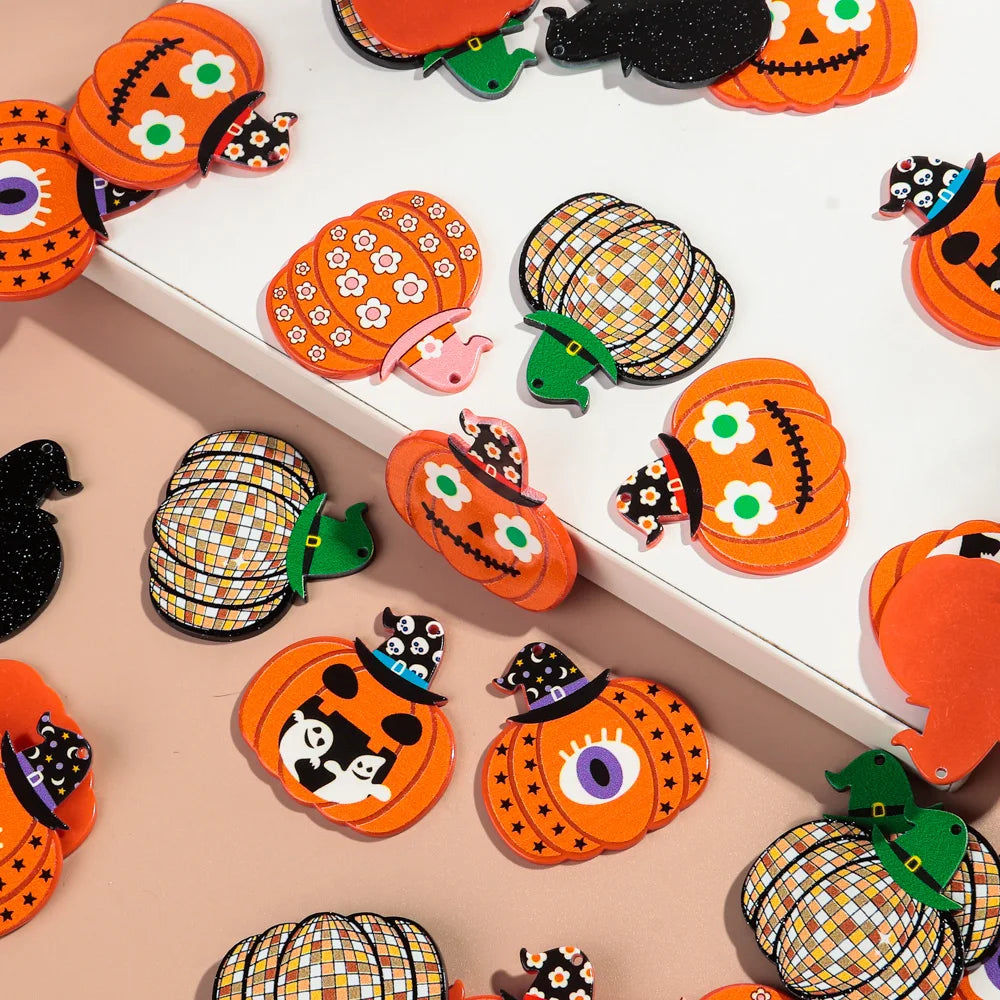 10pcs/lot Halloween Cute Charms Creative Ghost Pumpkin Acrylic Print Pendant for DIY Jewelry Making Necklace Earring Accessories