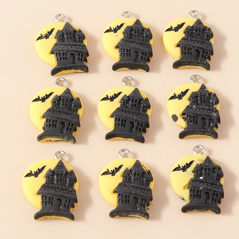 Leslie 10Pcs New Resin Halloween Charms Kawaii Cat Spider Castle Ghost Pumpkin Charms Pendants Decor DIY Earring Jewelry Making