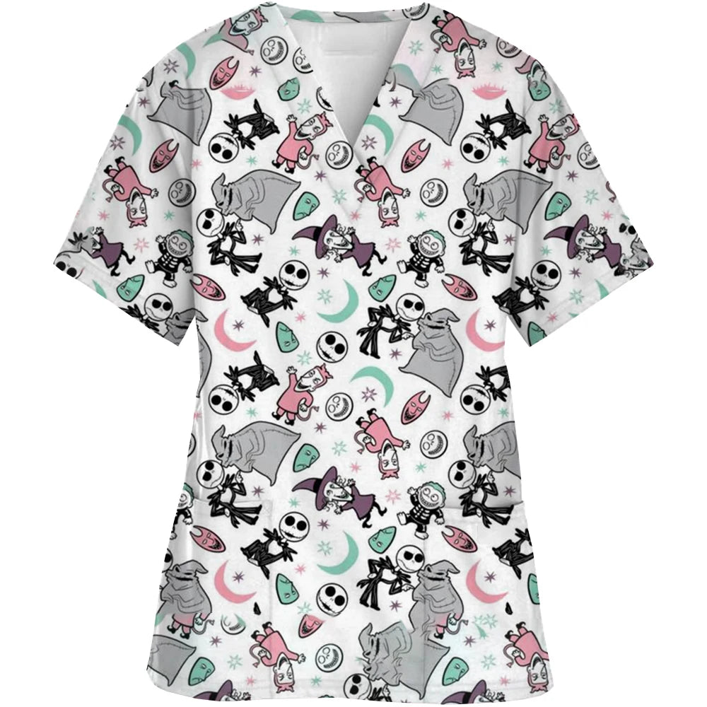 Christmas Nightmare V-neck Work Clothes Halloween Surgery plus size Nurse Medical Clothes Matte Top Women