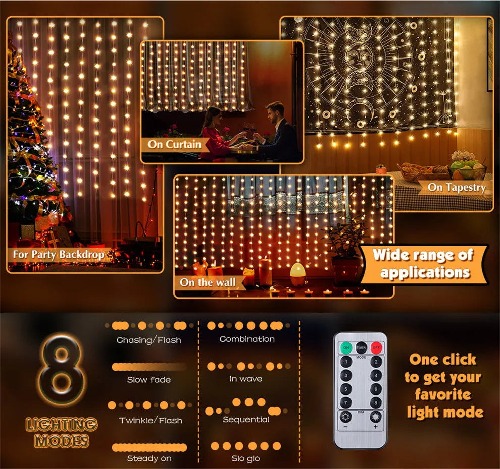 Diwali Lights LED Fairy String Curtain Lights 8 Mode Remote USB Festoon Christmas Decor For Home Holiday New Year Lamp