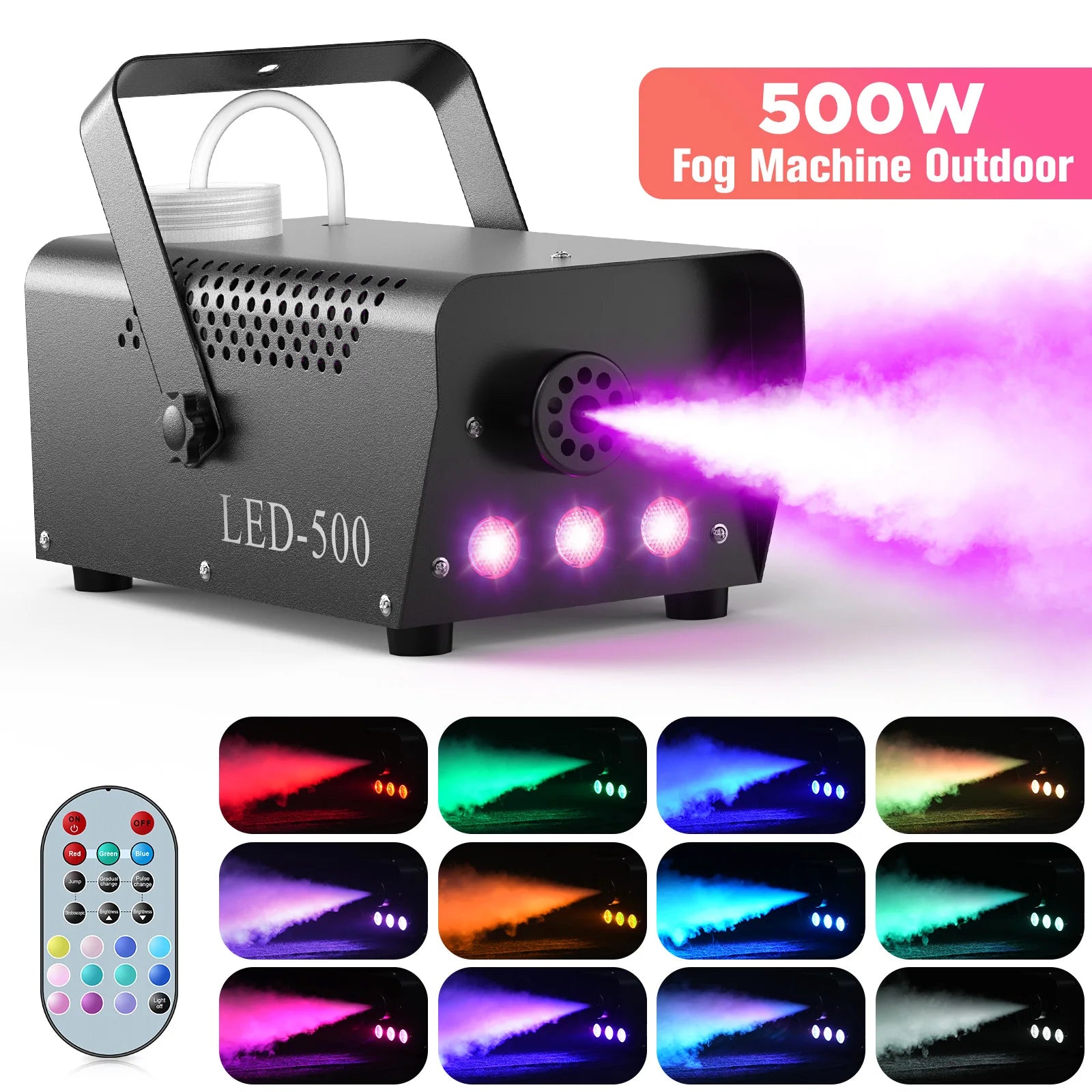 U'King 500W Smoke Machine RGB 3 LED Mixed Color Fog Machine with Remote Control Stage Smoke Ejector for Party DJ Disco Halloween
