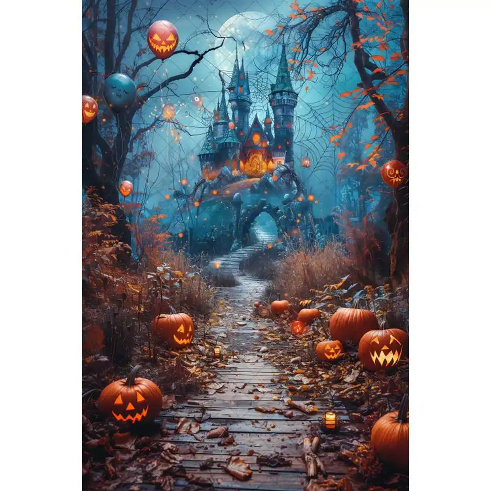 Halloween Night Background Photography Horror Haunted House Pumpkin Lantern Black Stone Road Backdrop Kids Holiday Party Studio