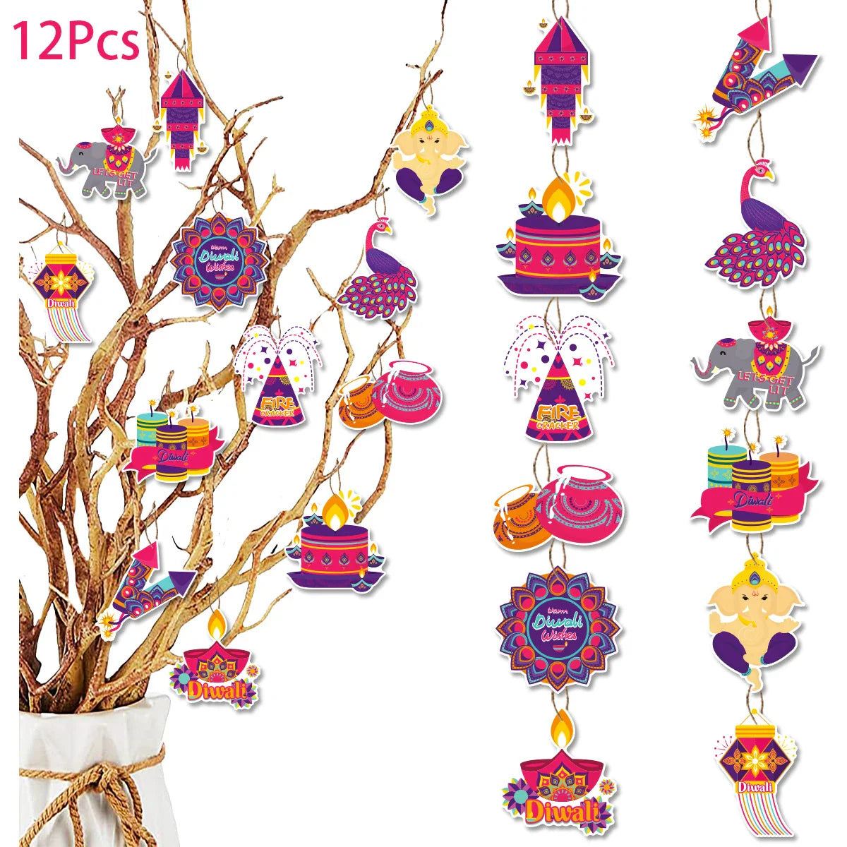 12Pcs/Bag Happy Diwali Theme Paper Tree Hangers Diwali Festival Party Decoration