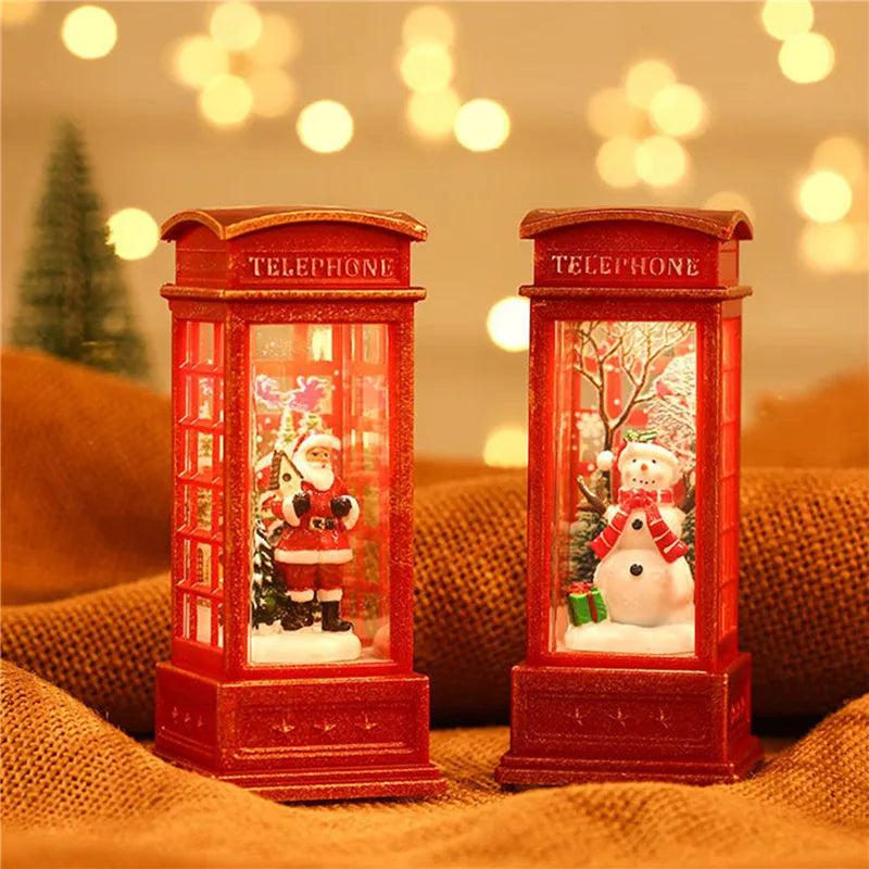 Christmas Decoration Desktop Ornament Luminous Telephone Booth With Snow Globes Spinning Water Swirling Glitter For Home Holiday