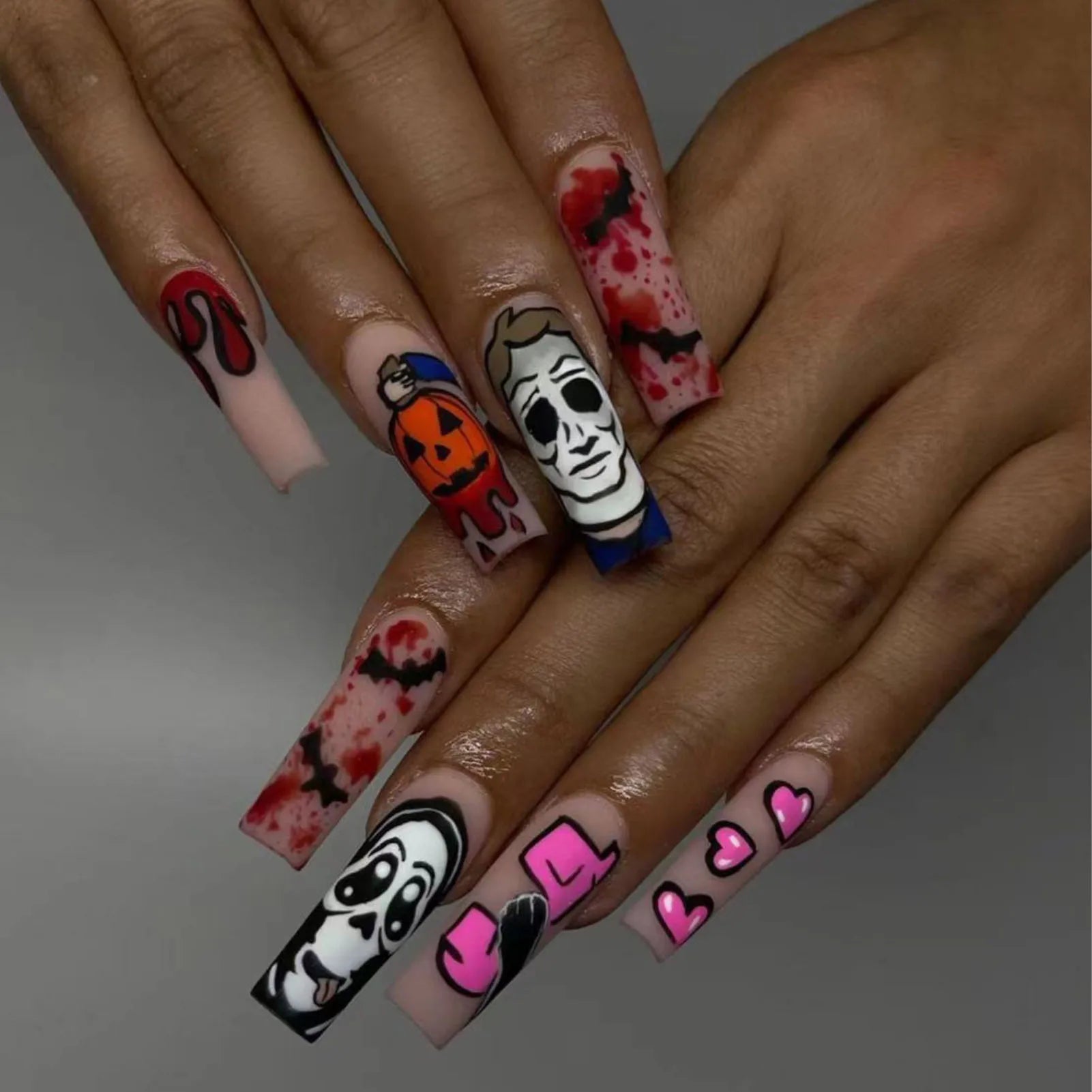 Halloween Red Bloodstain False Nails Long Coffin Ballet Full Cover Press on Nails Detchable Full Cover Fake Nail Patches 24pcs