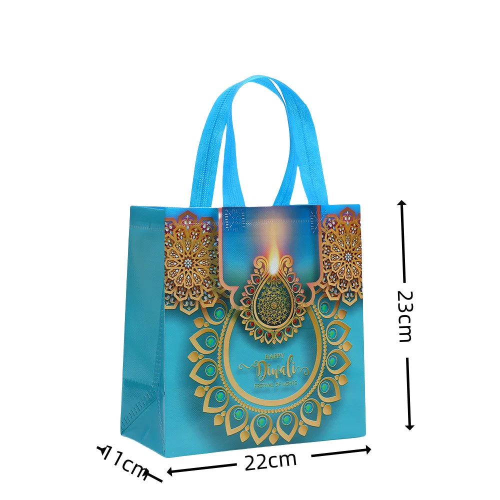 Happy Diwali Festival of Lights Nonwoven Gift Tote Bag with Colorful Diya Print for Party Favors Return Gifts