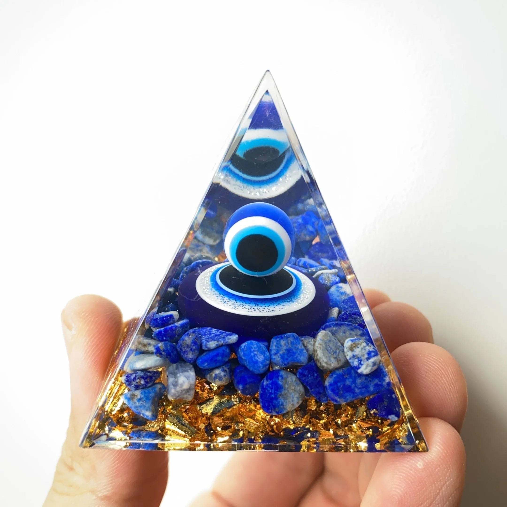 Evil Eye Pyramid Figurine With Lapis Lazuli Chips Pyramid of Orgen, 5cm Lazuli Devil's Eye Pyramid, The Orgen Pyramid series