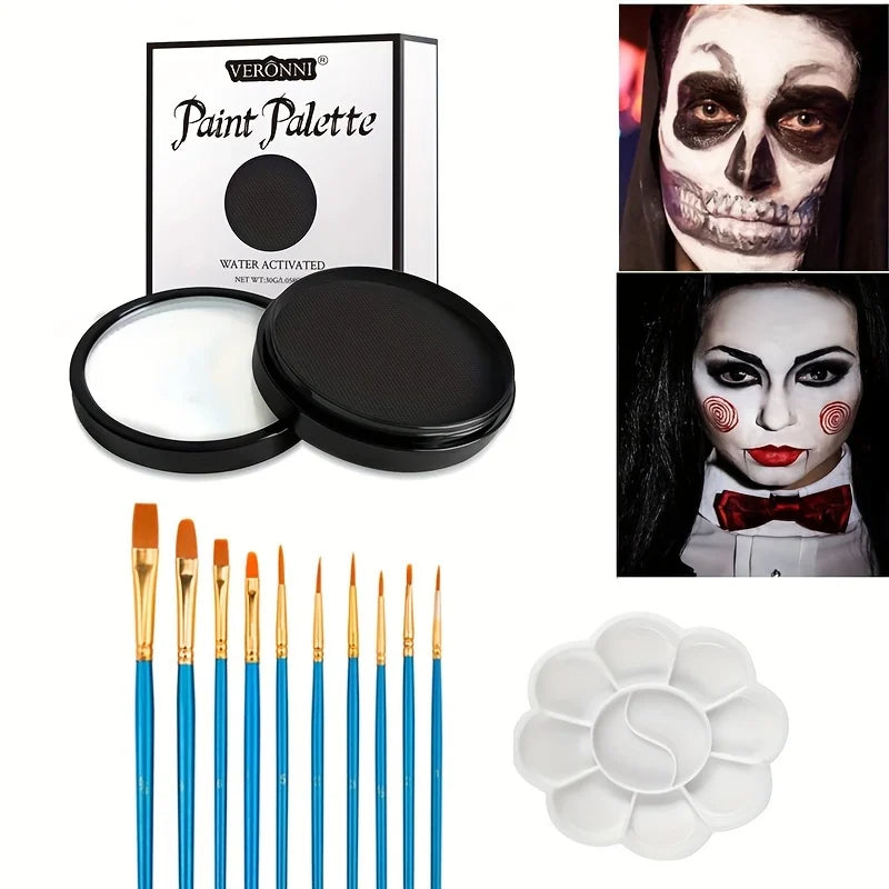 30g Water-Activated Body Makeup Face Paint Set 3-Piece with Brushes Mixing Palette for Halloween Christmas Costume Party Cosplay