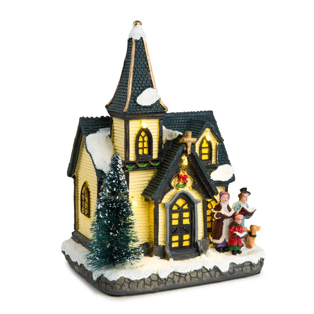 Christmas Church Snow Village House LED Lights Choir Figurines Collectible Building Indoor Holiday Decoration for Home Fireplace