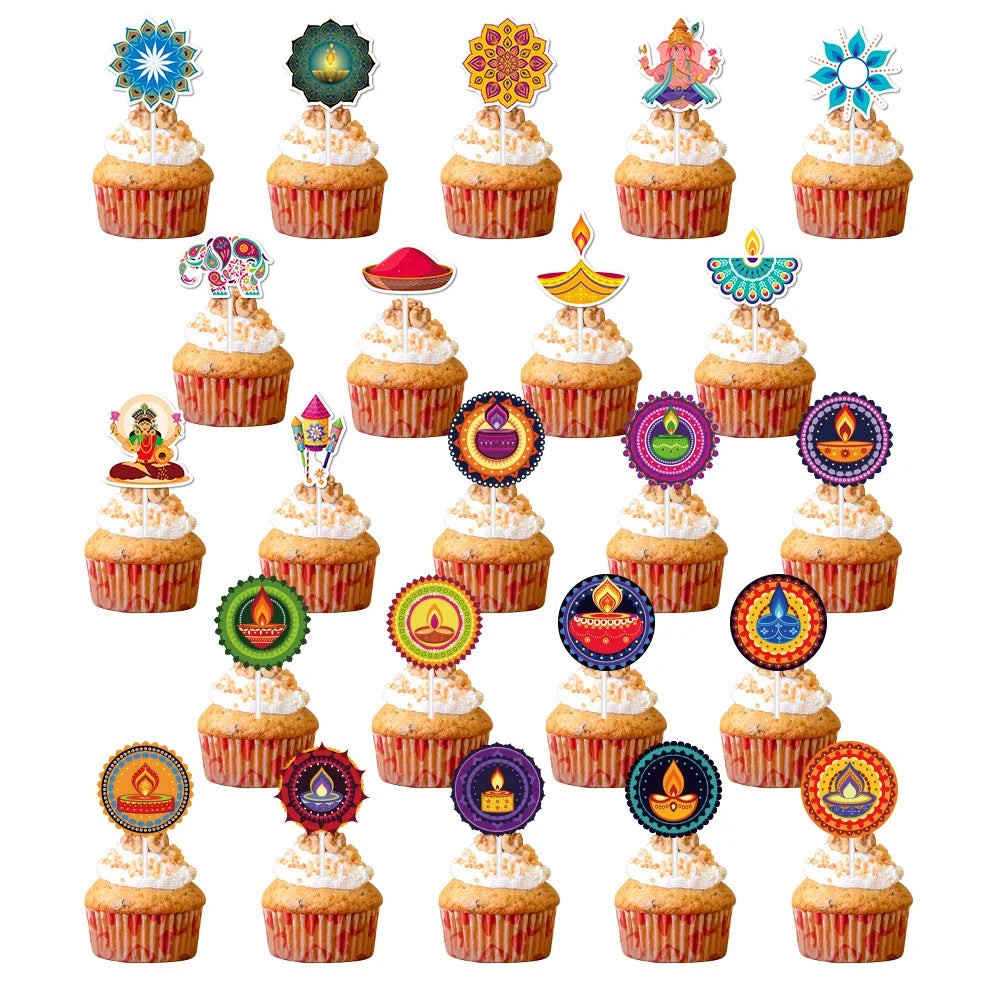 Diwali  Cake Topper Flags Deepavali Cupcake  Festival Decoration Party Supplies