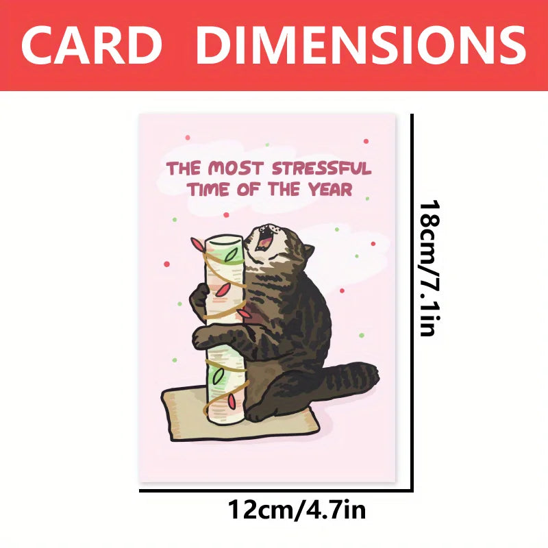 1pc, Christmas card, Merry Christmas, The most stressful time of the year, cat holding a wooden stick, Christmas lights