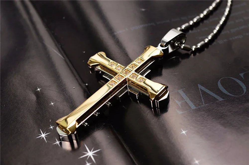 2024 New Male Crystal Cross Jesus Pendant Gold/Black/Blue Color Zirconia Cross Pendant Necklace Stainless Steel Jewelry