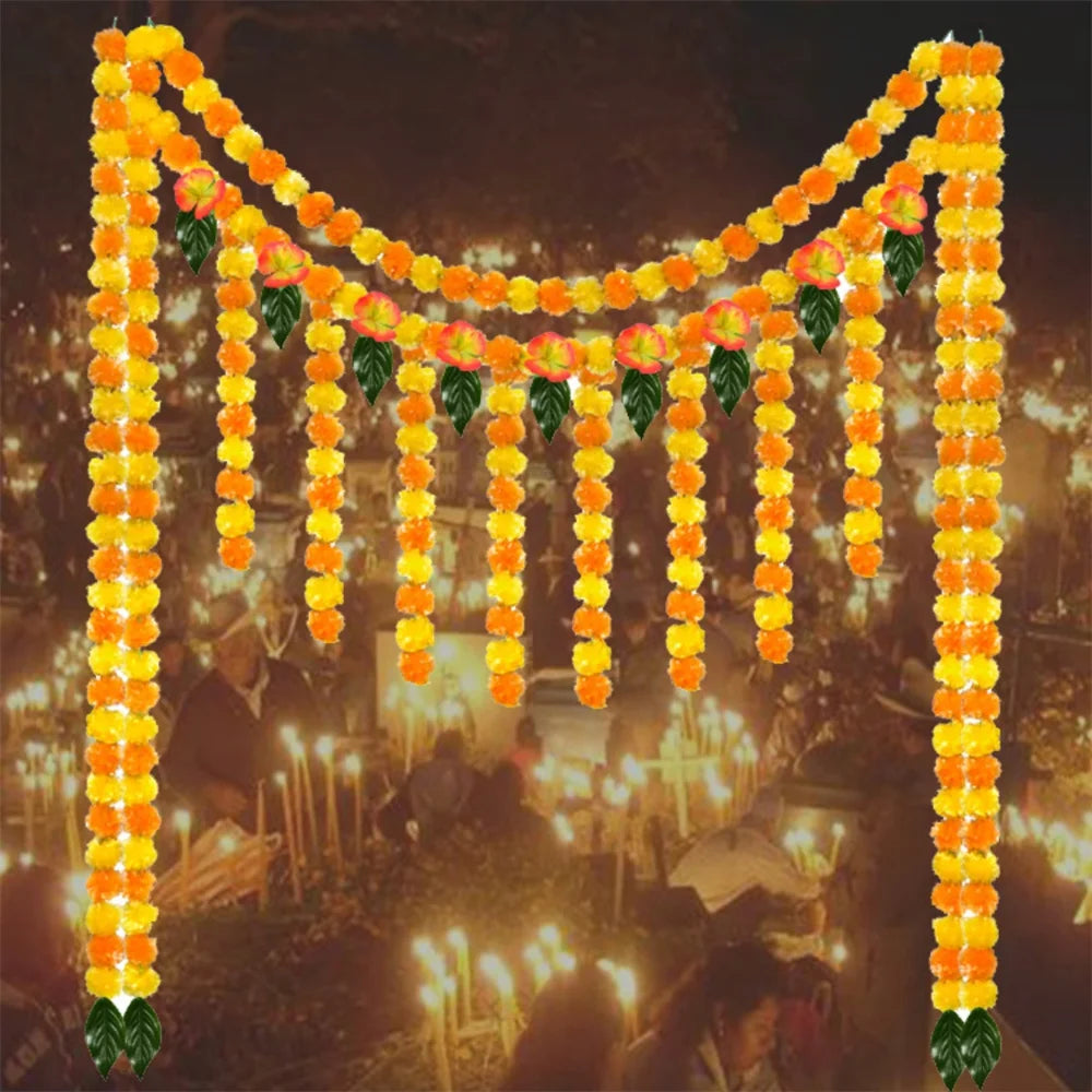 Artificial Marigold Garland For Diwali Wreath Indian Weddings Arch Decorations Garland Halloween Yard Hanging Flower Bar Strips