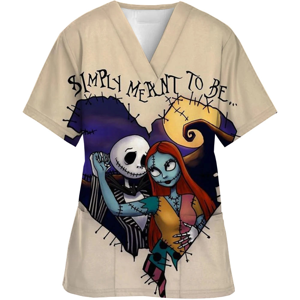 Christmas Nightmare V-neck Work Clothes Halloween Surgery plus size Nurse Medical Clothes Matte Top Women