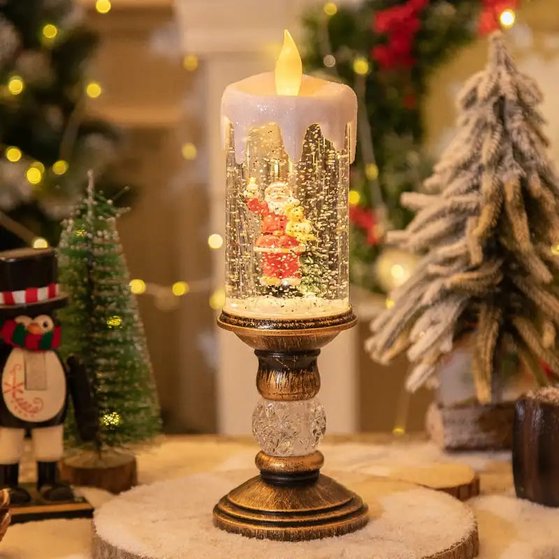 Christmas Decorations Water Filled Candles with Scene Crystal Lights Snowfall Effect Santa Claus Figurine Perfect Holiday Gift