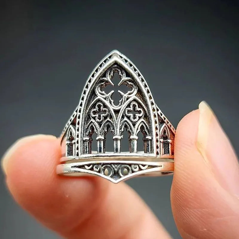LATS Retro Personality Ancient Silver Color Hollowed-out Relief Crown Castle Rings for Women Men Halloween Trend Gothic Jewelry