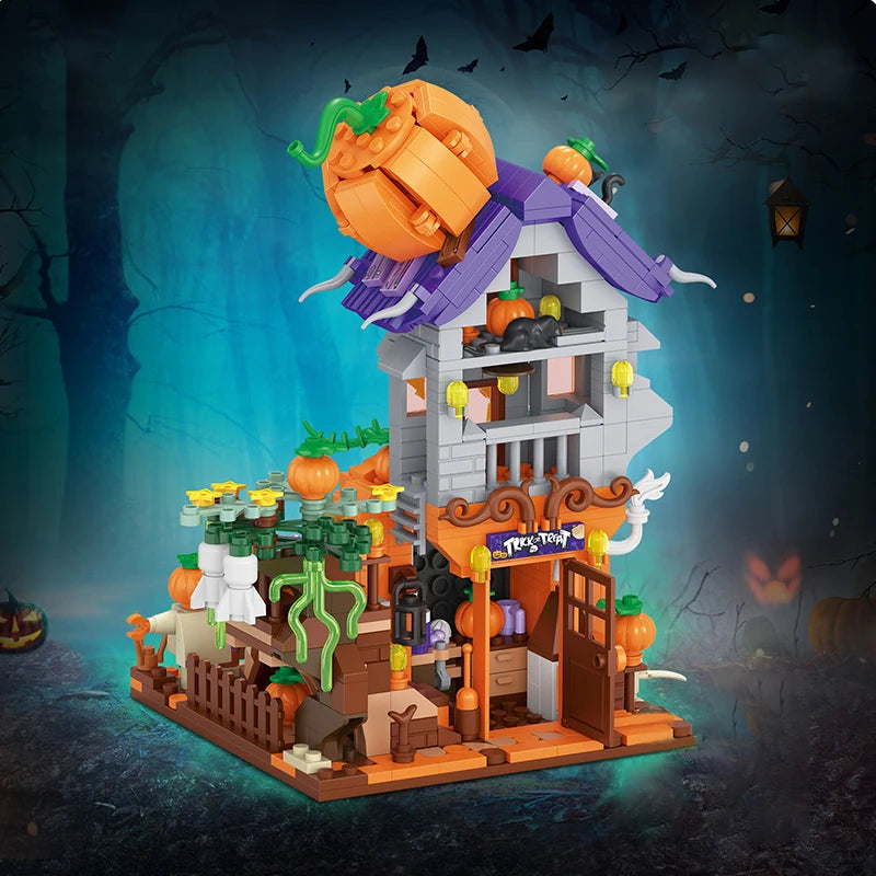 Halloween Toys Building Blocks Assembly Pumpkin House Ghost House Witch Science Monster Friend Party Decor Model Kids Gifts