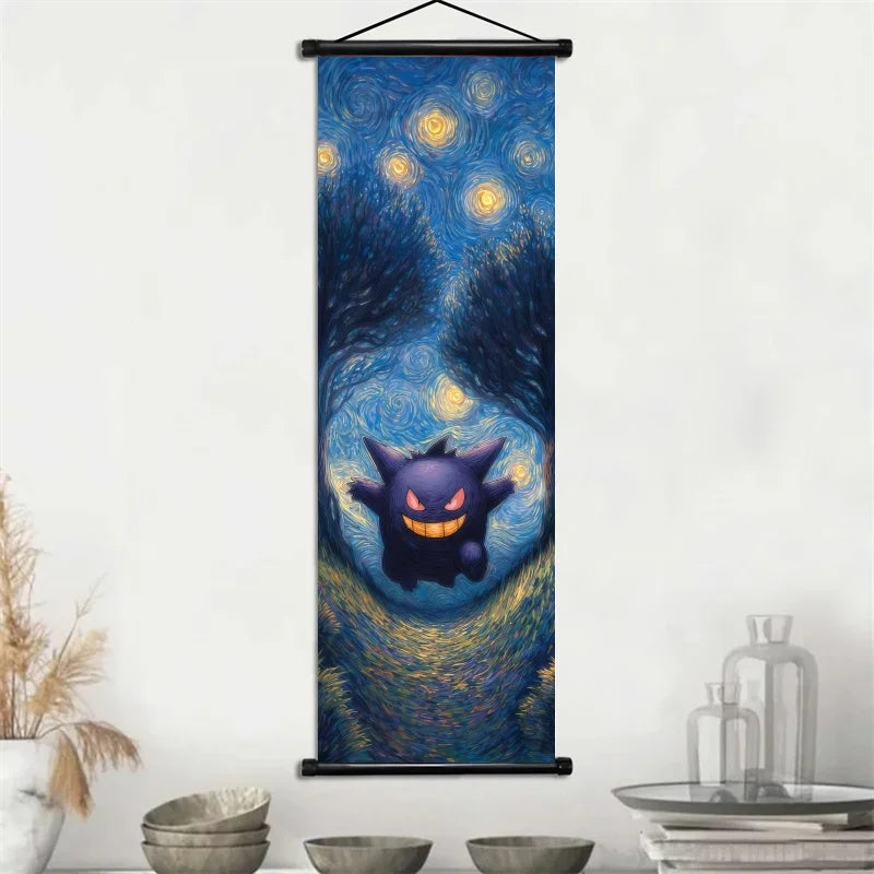 Pokemon Gengar Scroll Art Cloth Anime Characters Wall Hanging Poster Halloween Xmas Decor Fans Collection Home Gifts